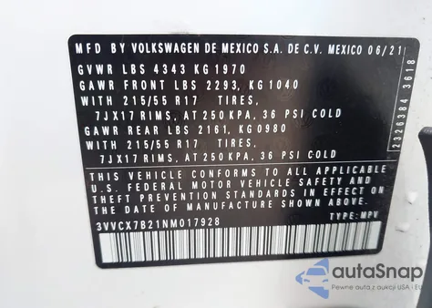 2022 Volkswagen Taos 1.5T S z USA, uszkodzony, nr VIN 3VVCX7B21NM017928